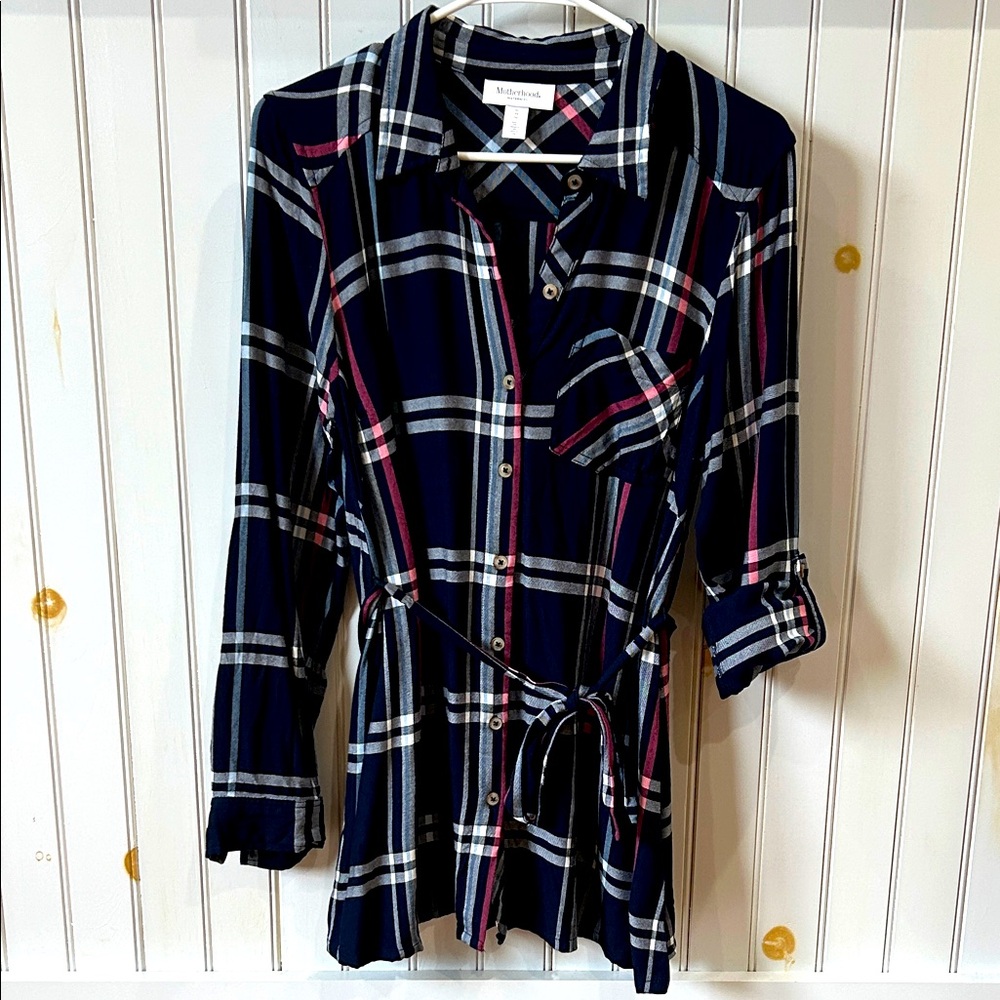 Motherhood Maternity Navy Plaid Button Down Shirt with Fabric Belt Size M